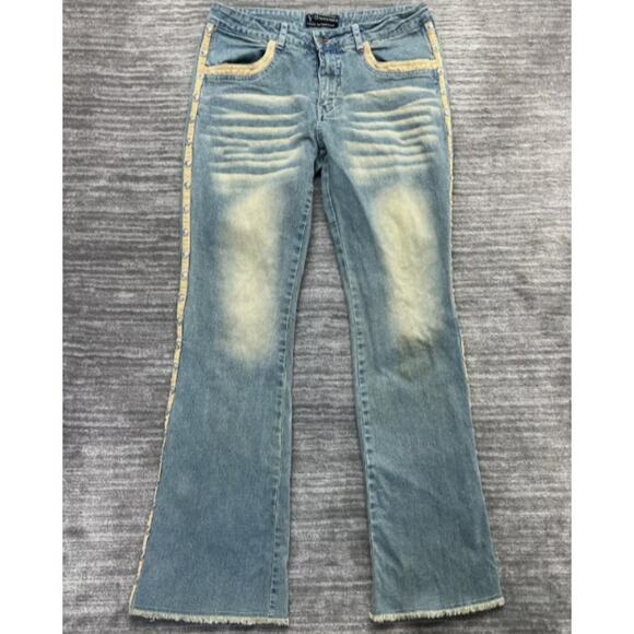 YOYO Jeans Womens Size 9‎ Blue Y2k Flare Boho Studded Trim Side Slit NWOT Rare - Picture 1 of 15